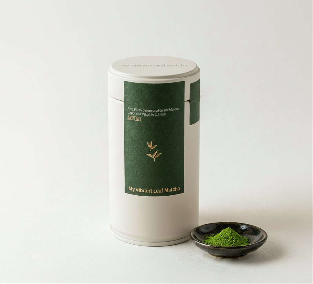 A white cylindrical tin of My Vibrant Leaf Matcha with a dark green label, shown next to a small black dish filled with bright green matcha powder on a light gray background.