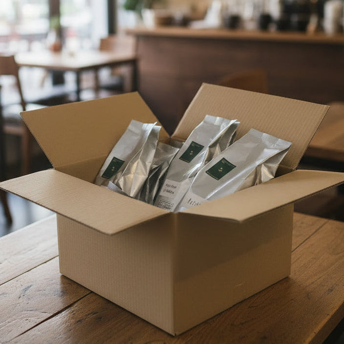 Several silver foil bags of matcha tea, including labels for 'First Flush Ujigata' and 'Matc', arranged inside a cardboard box.